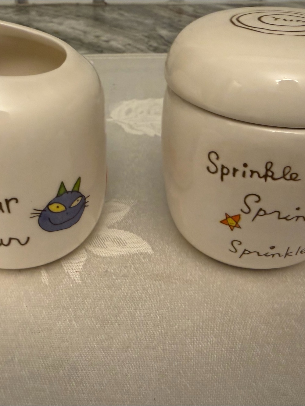 Hallmark Ceramic “Pour” Creamer & “Sprinkle” Jar Set – Cute Cat & Stars – 3”